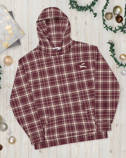 Heritage Tartan Hoodie in bordeaux and bone tartan, flat lay with Christmas decorations