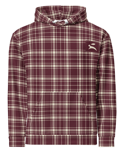 Heritage Tartan Hoodie in bordeaux and bone tartan, front view with the hare patch on the chest