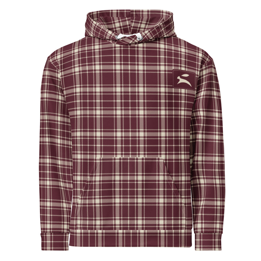 Heritage Tartan Hoodie in bordeaux and bone tartan, front view with the hare patch on the chest