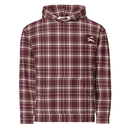 Heritage Tartan Hoodie in bordeaux and bone tartan, front view with the hare patch on the chest