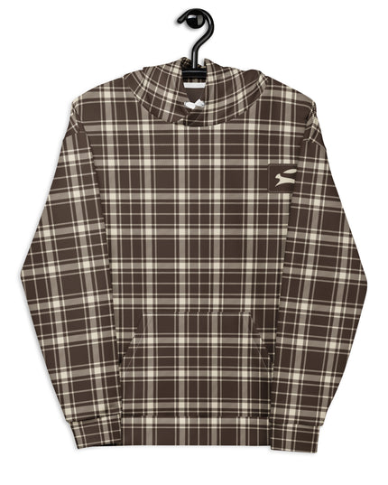 Heritage Tartan Hoodie in cocoa and bone tartan, on a hanger