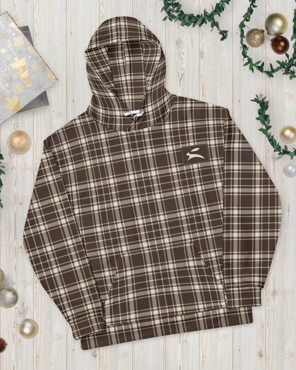 Heritage Tartan Hoodie in cocoa and bone tartan, flat lay with Christmas decorations