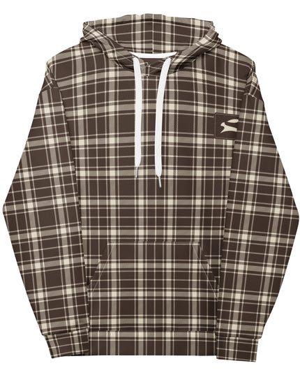 Heritage Tartan Hoodie in cocoa and bone tartan, flat front view with drawstrings