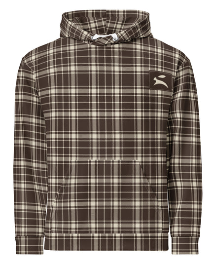 Heritage Tartan Hoodie in cocoa and bone tartan, front view with the hare patch on the chest