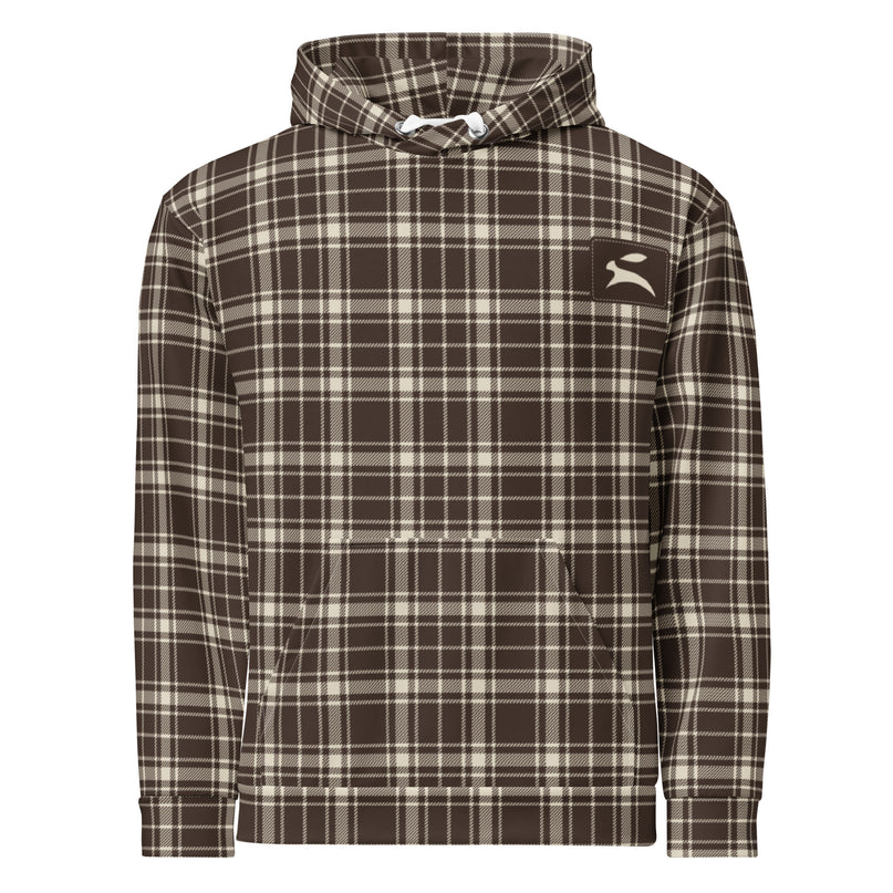 Heritage Tartan Hoodie in cocoa and bone tartan, front view with the hare patch on the chest