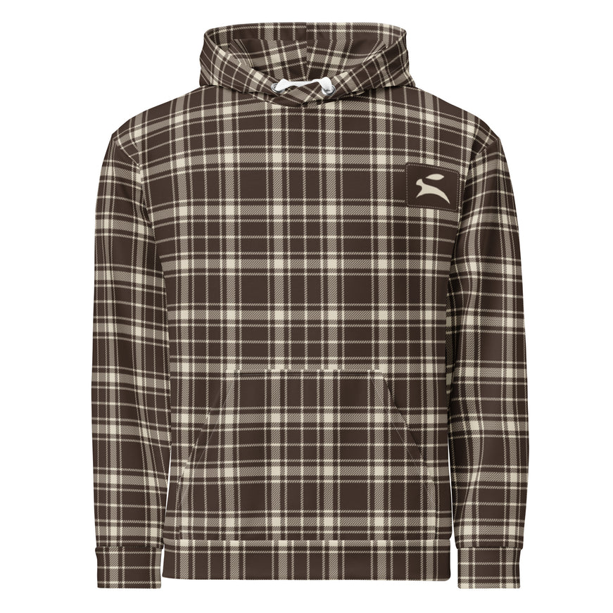 Heritage Tartan Hoodie in cocoa and bone tartan, front view with the hare patch on the chest