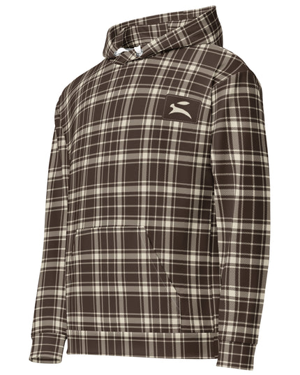 Heritage Tartan Hoodie in cocoa and bone tartan, three-quarter view from the left