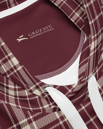 Heritage Tartan Hoodie in bordeaux and bone tartan, close-up of the GROZAVU inside label at the hood