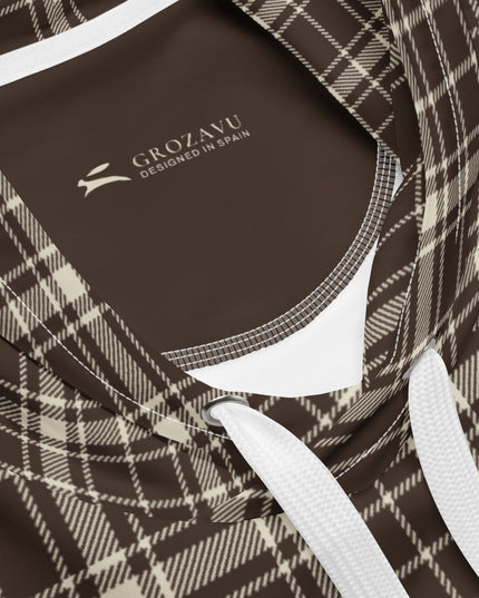 Heritage Tartan Hoodie in cocoa and bone tartan, close-up of the GROZAVU inside label at the hood