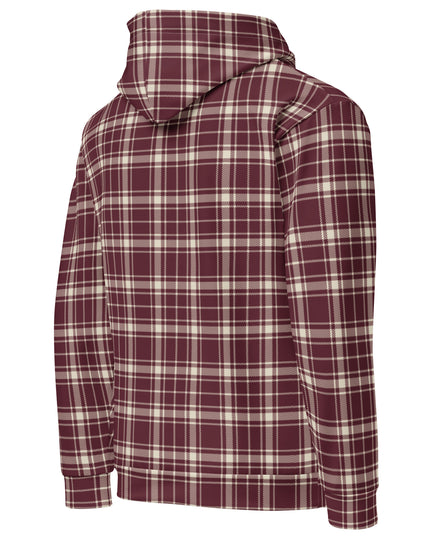 Heritage Tartan Hoodie in bordeaux and bone tartan, three-quarter back view from the right