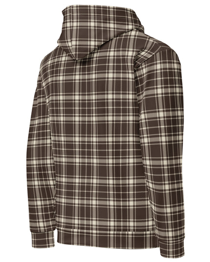 Heritage Tartan Hoodie in cocoa and bone tartan, three-quarter back view from the right