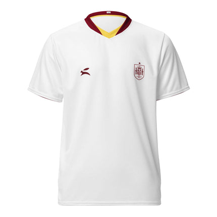 Maison Grozavu Graphite Jersey Form in white — front view showing the sports jersey silhouette and recycled polyester drape