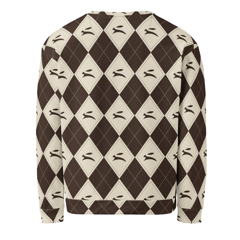 Hare Argyle Sweatshirt in cocoa and bone argyle, back view
