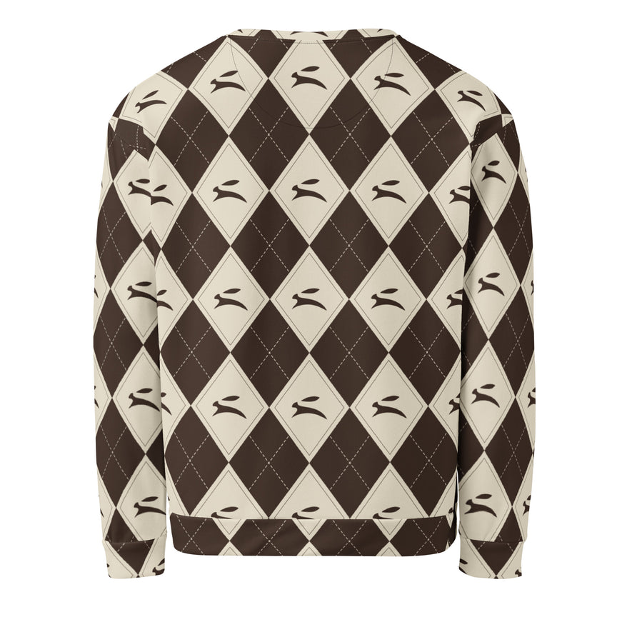 Hare Argyle Sweatshirt in cocoa and bone argyle, back view