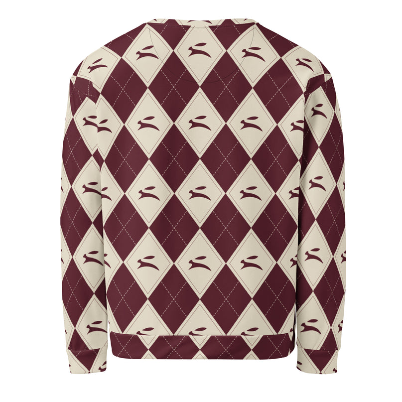Hare Argyle Sweatshirt in bordeaux and bone argyle, back view