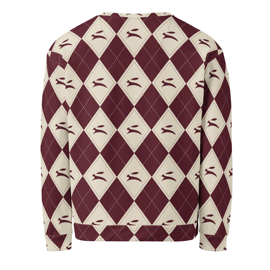 Hare Argyle Sweatshirt in bordeaux and bone argyle, back view
