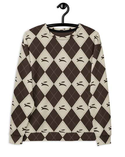 Hare Argyle Sweatshirt in cocoa and bone argyle, on a hanger