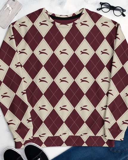 Hare Argyle Sweatshirt in bordeaux and bone argyle, flat lay styled with denim