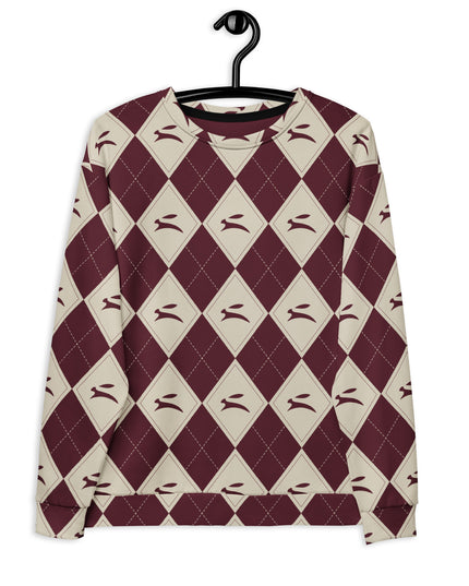 Hare Argyle Sweatshirt in bordeaux and bone argyle, on a hanger