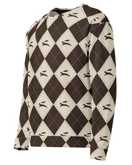 Hare Argyle Sweatshirt in cocoa and bone argyle, three-quarter view from the left