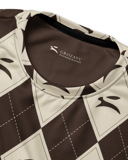 Hare Argyle Sweatshirt in cocoa and bone argyle, close-up of the hare argyle and the GROZAVU inside label