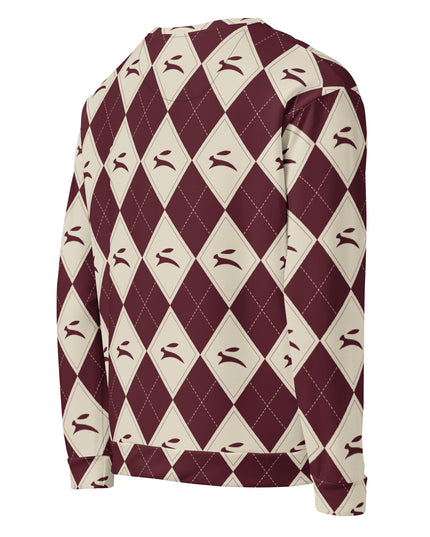 Hare Argyle Sweatshirt in bordeaux and bone argyle, three-quarter back view from the right