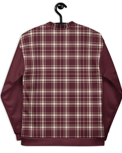 Heritage Tartan Bomber in Bordeaux on a hanger, back view
