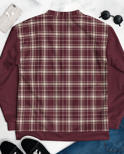 Heritage Tartan Bomber in Bordeaux laid flat with jeans and sneakers