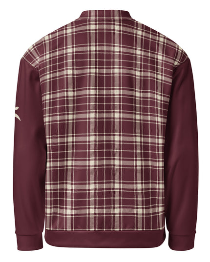 Heritage Tartan Bomber in Bordeaux, back view with tartan back and solid bordeaux sleeves