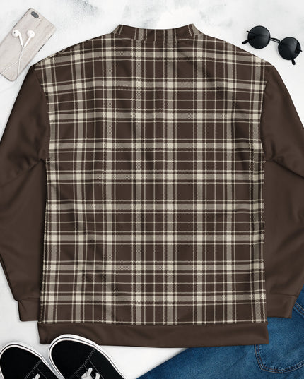 Heritage Tartan Bomber in Cocoa laid flat with jeans and sneakers