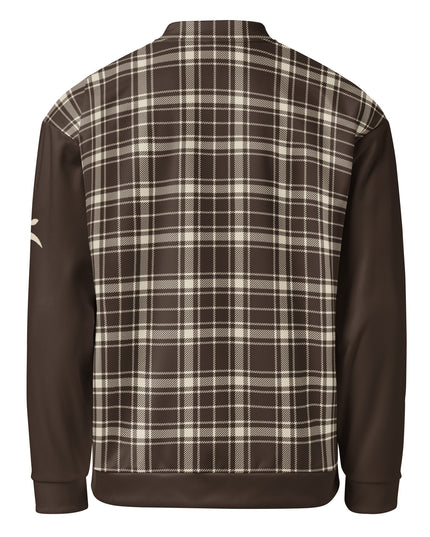 Heritage Tartan Bomber in Cocoa, back view with tartan back and solid cocoa sleeves