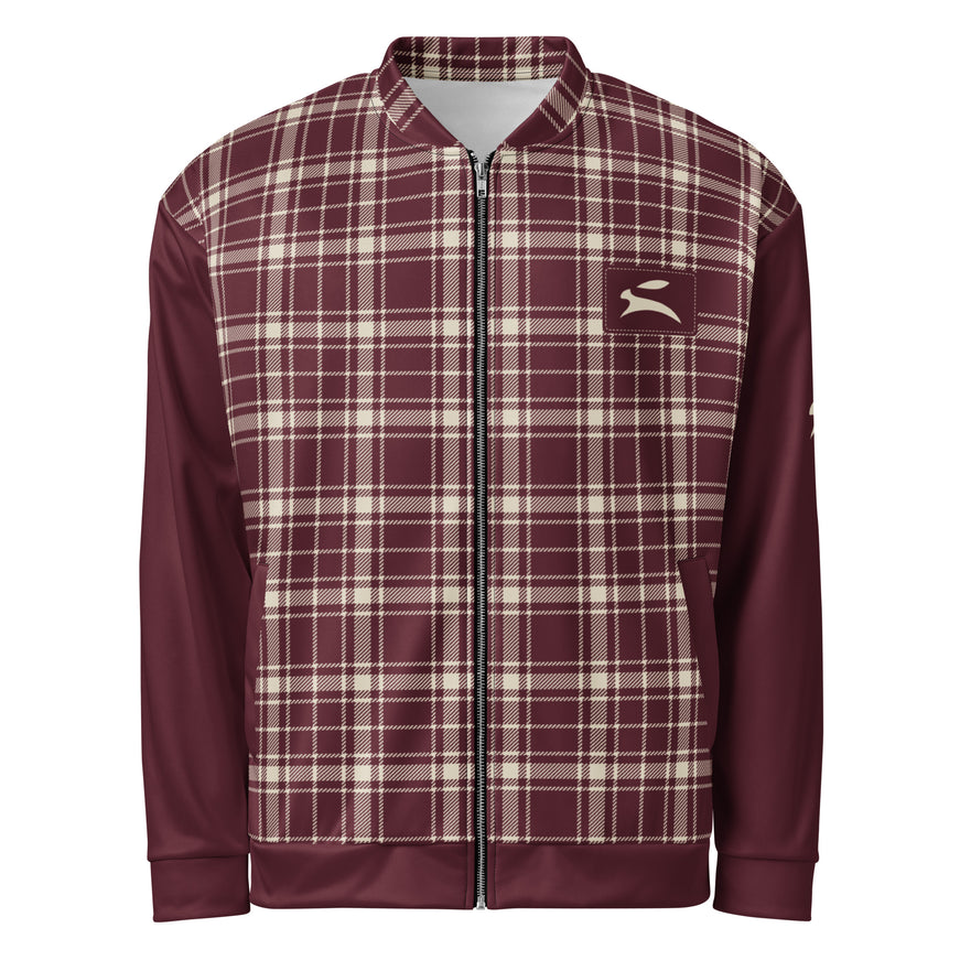Heritage Tartan Bomber in Bordeaux, front view with the Grozavu hare patch on the chest