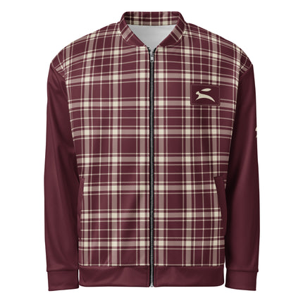 Heritage Tartan Bomber in Bordeaux, front view with the Grozavu hare patch on the chest