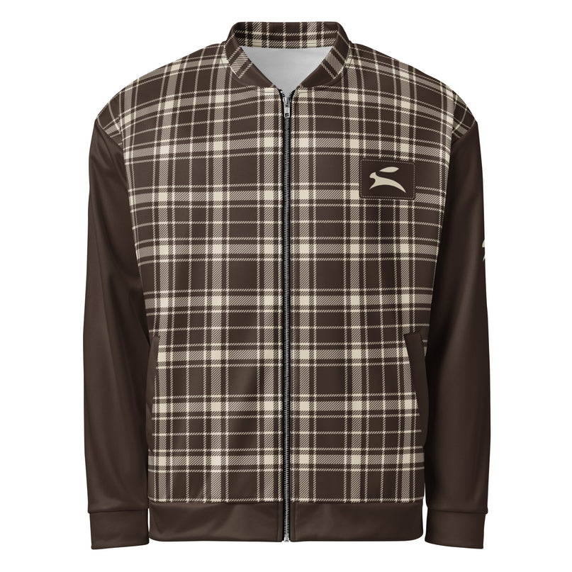 Heritage Tartan Bomber in Cocoa, front view with the Grozavu hare patch on the chest