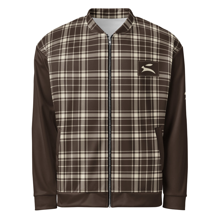 Heritage Tartan Bomber in Cocoa, front view with the Grozavu hare patch on the chest