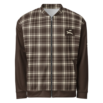 Heritage Tartan Bomber in Cocoa, front view with the Grozavu hare patch on the chest