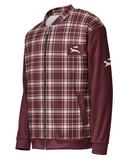 Heritage Tartan Bomber in Bordeaux, three-quarter front view showing the bone hare on the left sleeve