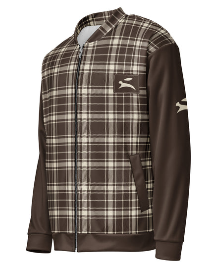 Heritage Tartan Bomber in Cocoa, three-quarter front view showing the bone hare on the left sleeve
