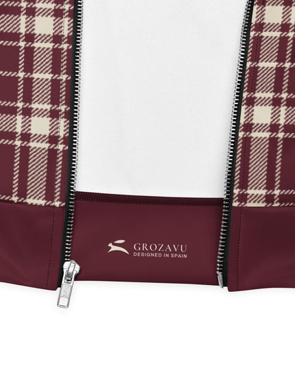 Inside the Heritage Tartan Bomber in Bordeaux: printed Grozavu label and YKK zip