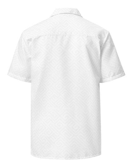 Maison Grozavu Bespoke Obsidian Shirt — rear view showing the back panel construction and White colourway hemline detail