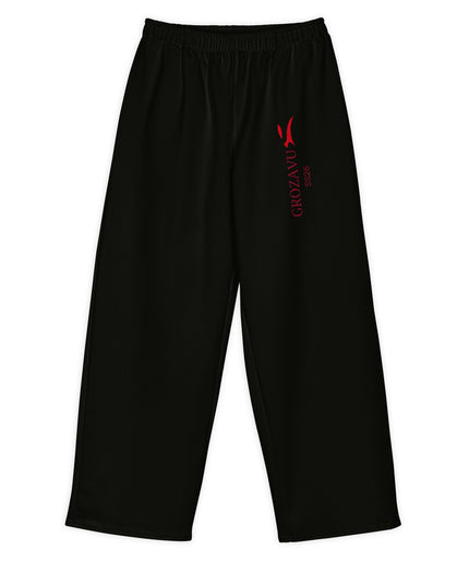 Grozavu SS26 wide-leg pants in 300 g/m2 cotton stretch with deep red print