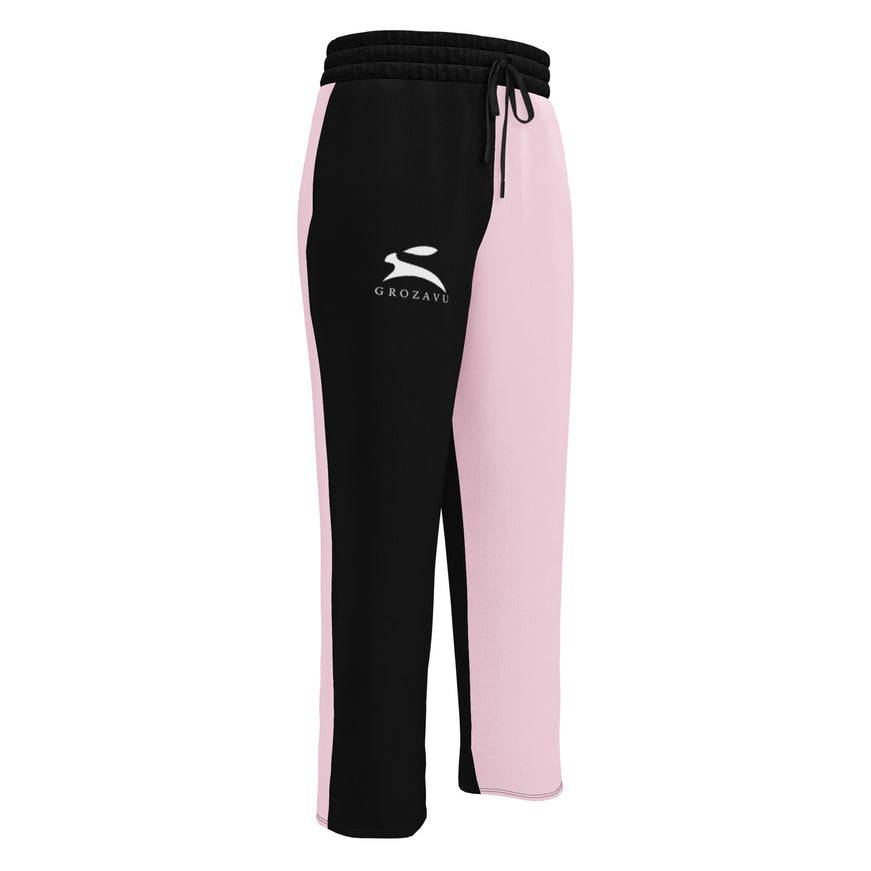 Grozavu Two-Tone Wide-Leg Joggers split in black and soft pink, front view