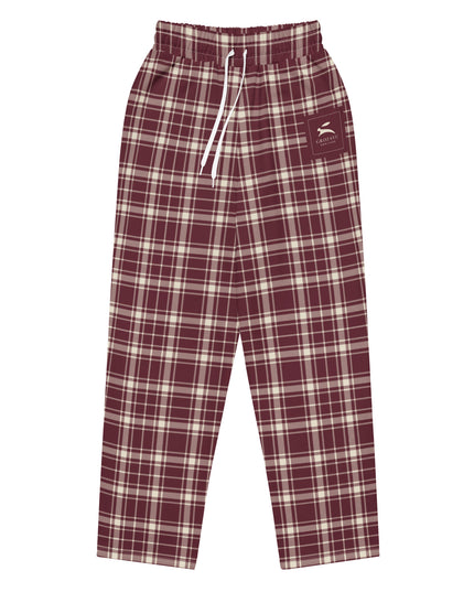 Heritage Tartan Wide-Leg Joggers in bordeaux and bone tartan, front view, flat