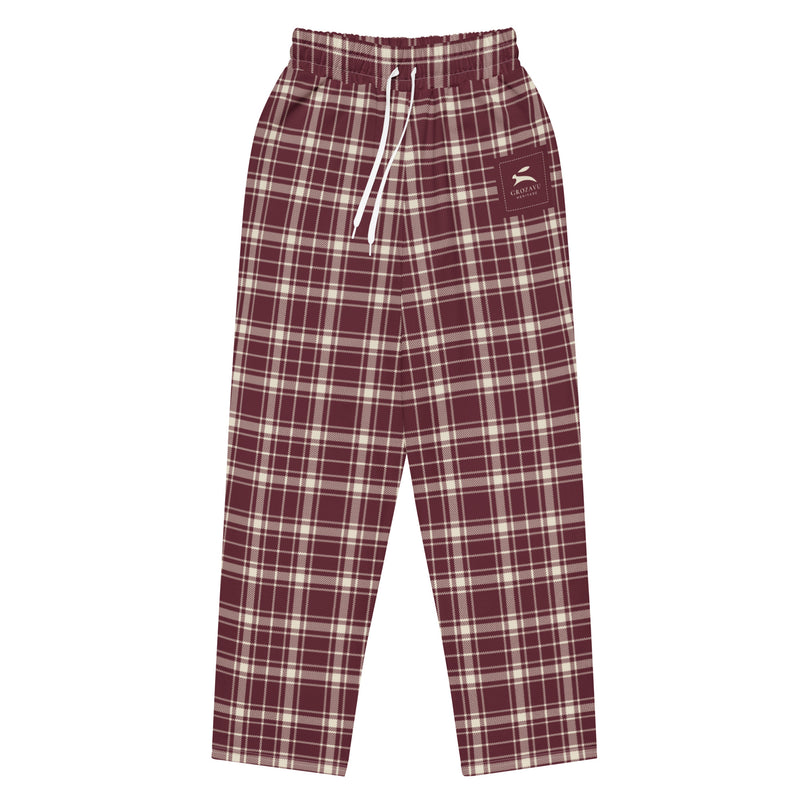 Heritage Tartan Wide-Leg Joggers in bordeaux and bone tartan, front view, flat