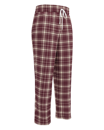 Heritage Tartan Wide-Leg Joggers in bordeaux and bone tartan, front view, three-quarter angle with drawstring