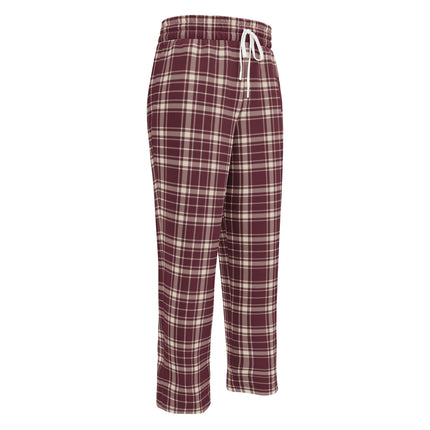 Heritage Tartan Wide-Leg Joggers in bordeaux and bone tartan, front view, three-quarter angle with drawstring