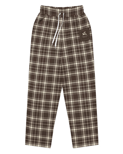 Heritage Tartan Wide-Leg Joggers in cocoa brown and bone tartan, front view, flat