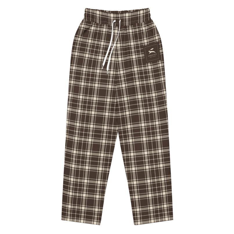 Heritage Tartan Wide-Leg Joggers in cocoa brown and bone tartan, front view, flat