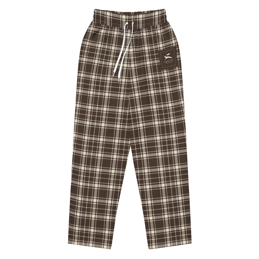 Heritage Tartan Wide-Leg Joggers in cocoa brown and bone tartan, front view, flat