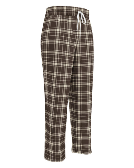 Heritage Tartan Wide-Leg Joggers in cocoa brown and bone tartan, front view, three-quarter angle with drawstring